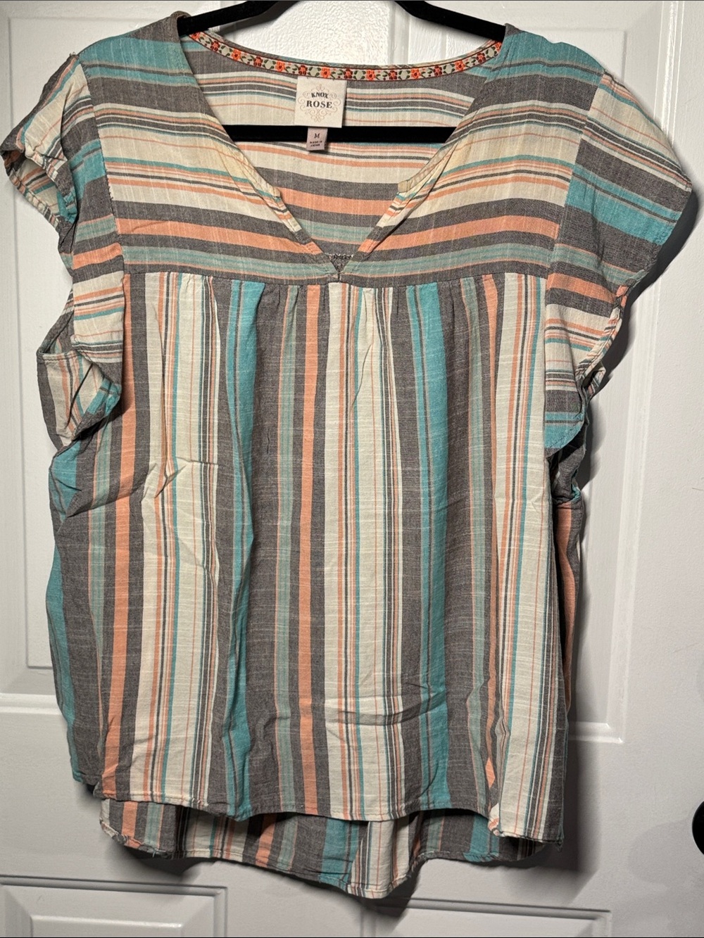 Knox Rose Striped V-Neck Cap Sleeve Top in Turquoise, Peach, Gray